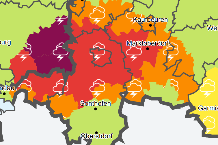 Die Warnkarte des DWD: Im Landkreis Ravensburg gilt die höchste Alarmstufe.