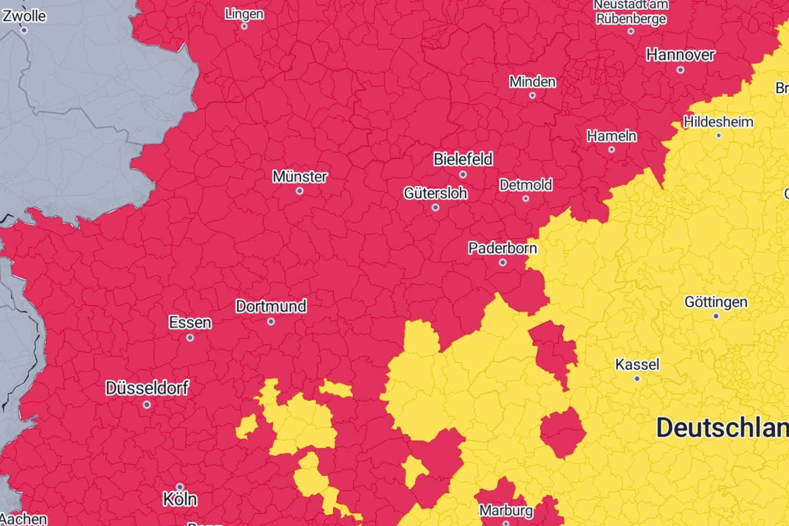 Die aktuellen Hitzewarnungen des DWD: Gelb steht für "starke Wärmebelastung", Rot bedeutet "extreme Hitze".