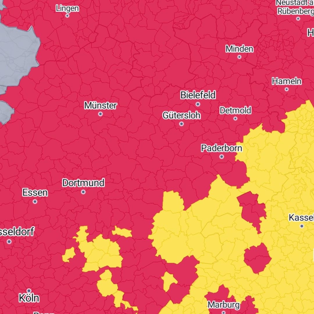 Die aktuellen Hitzewarnungen des DWD: Gelb steht für "starke Wärmebelastung", Rot bedeutet "extreme Hitze".