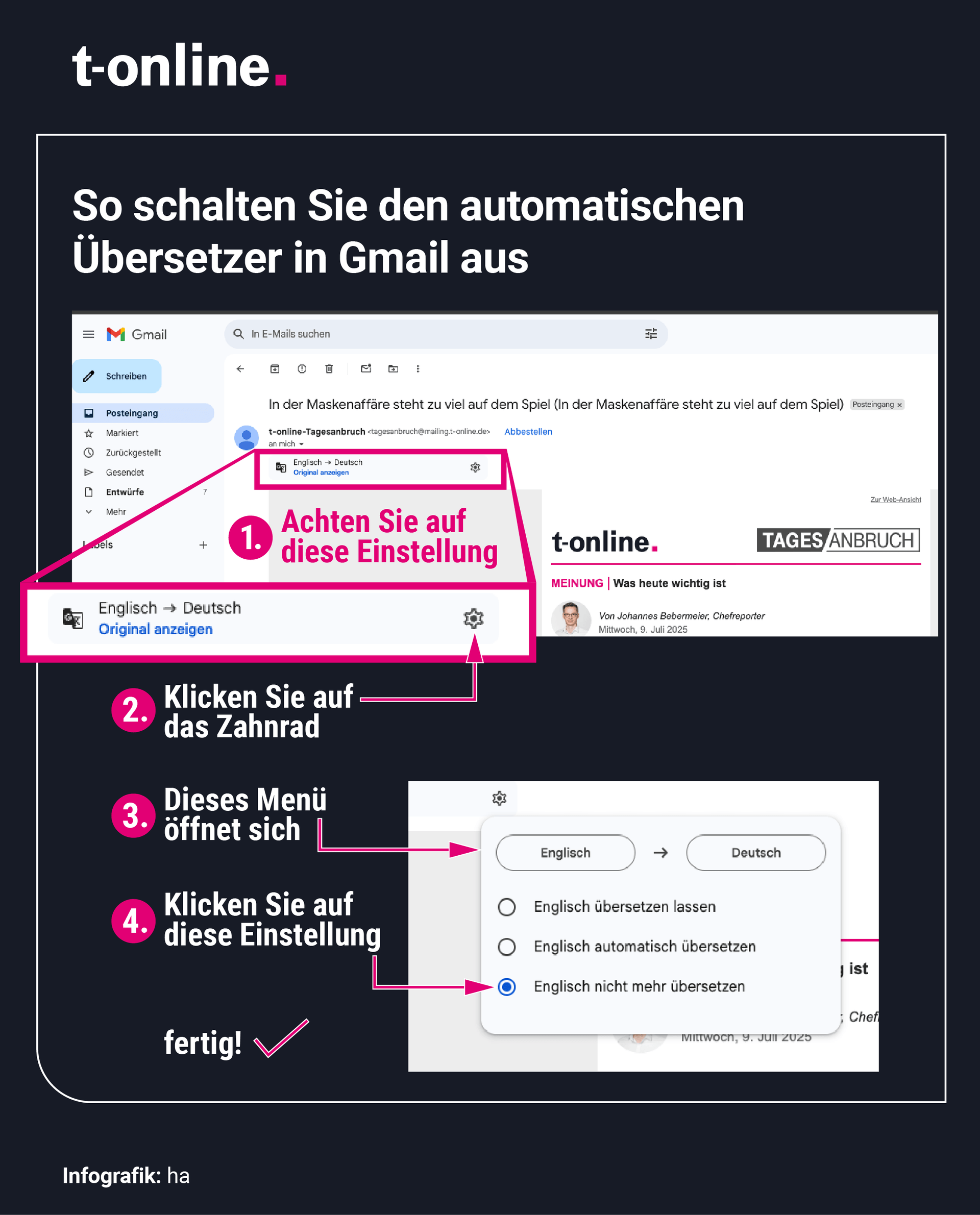 Schluss mit Geisterübersetzungen: In Einstellungen können Gmail-Nutzer festlegen, dass der E-Mail-Dienst nicht ungefragt Inhalte verändert darstellt. Wer das Menüfeld nicht sieht, muss auf eine Mail klicken und dann auf die drei Punkte und in den Menüpunkt "Übersetzen".