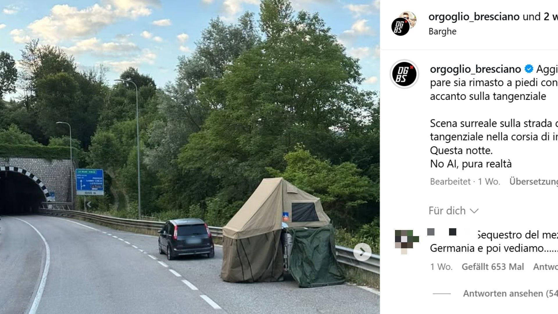 Auto und Zelt: Grund für den unerlaubten Aufenthalt war ein Reifenplatzer.