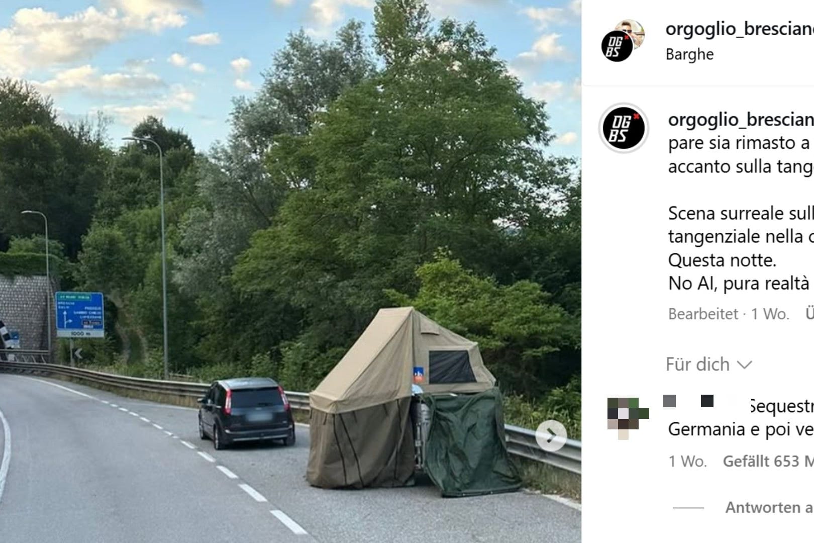 Auto und Zelt: Grund für den unerlaubten Aufenthalt war ein Reifenplatzer.