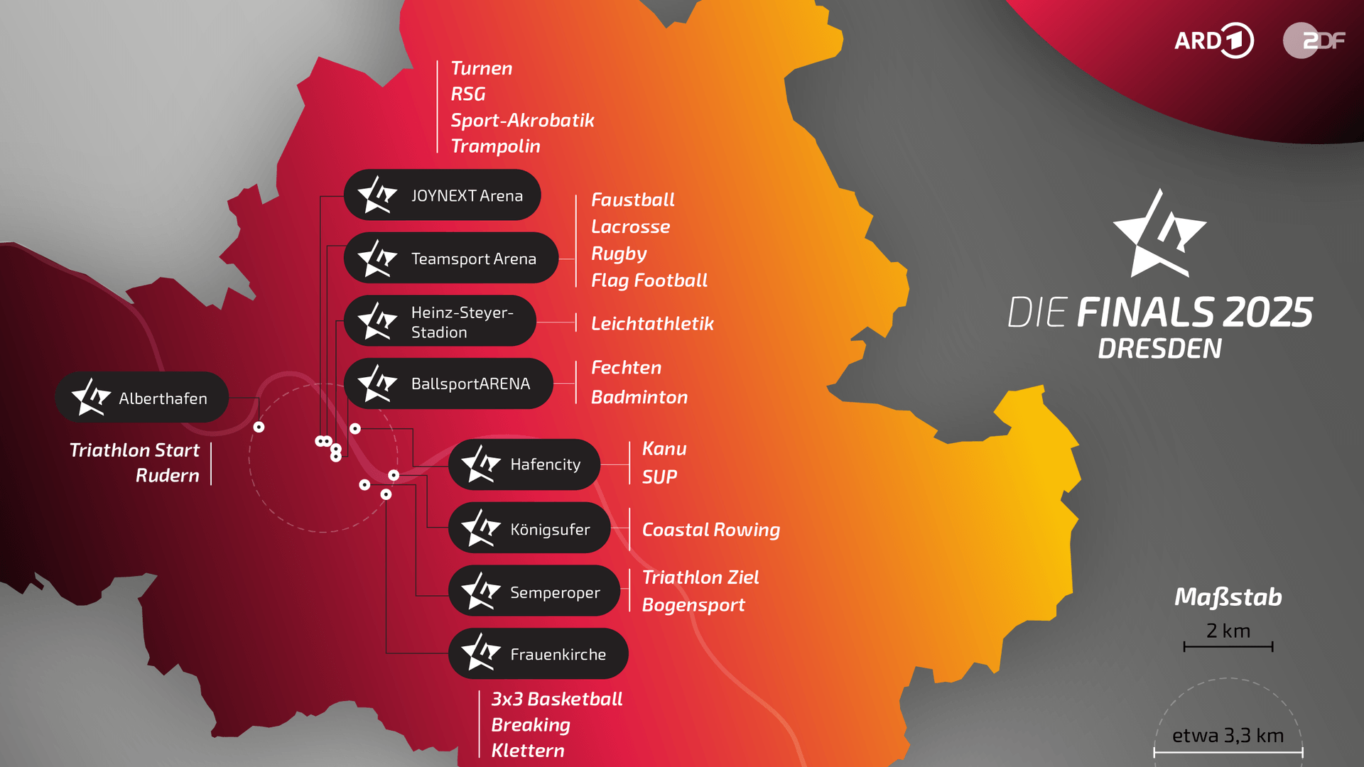 Übersicht über die verschiedenen Standorte: 13 der 20 Diziplinen lassen kostenlos und ohne Ticket verfolgen.