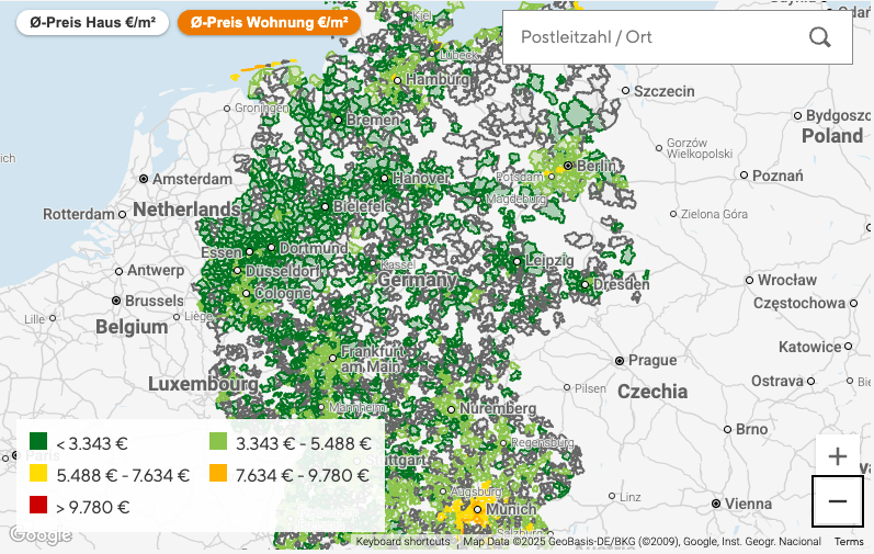 Wie teuer sind Wohnungen und Häuser in meiner Region? Die interaktive Deutschlandkarte von Interhyp gibt Aufschluss.