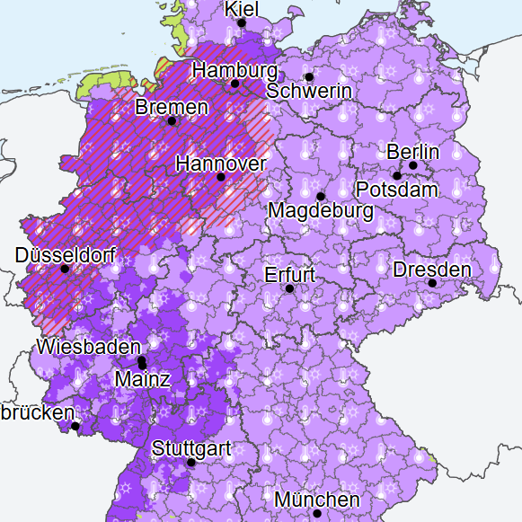 Die Warnkarte des Deutschen Wetterdienstes (DWD): Die Hitzewelle könnte am Nachmittag von heftigen Unwettern abgelöst werden.