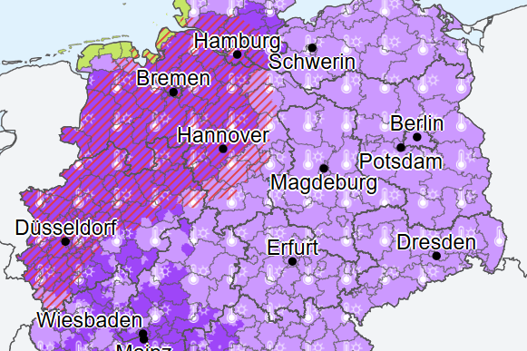 Die Warnkarte des Deutschen Wetterdienstes (DWD): Die Hitzewelle könnte am Nachmittag von heftigen Unwettern abgelöst werden.