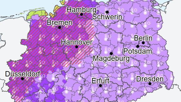 Die Warnkarte des Deutschen Wetterdienstes (DWD): Die Hitzewelle könnte am Nachmittag von heftigen Unwettern abgelöst werden.