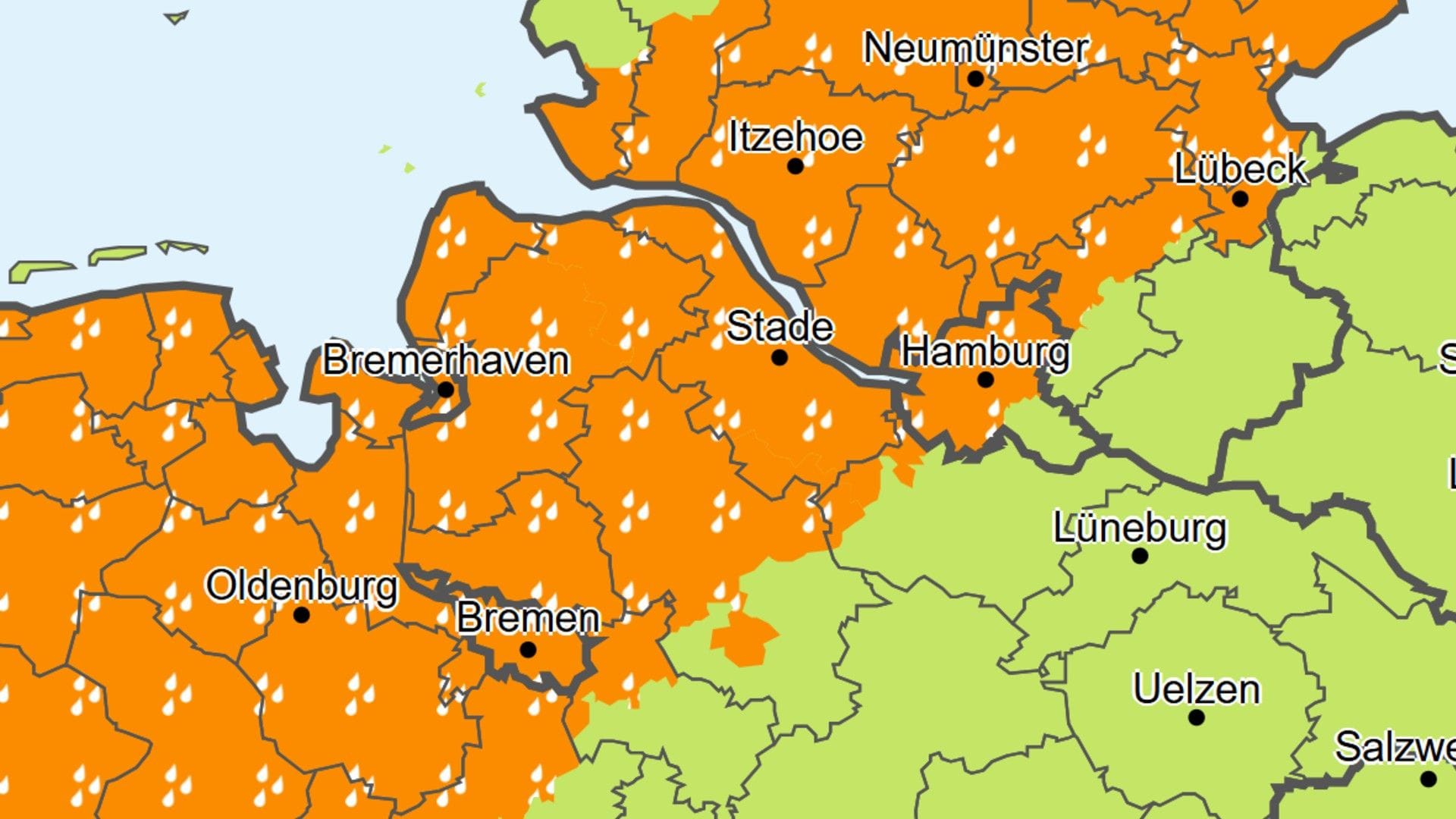 Warnkarte für Sonntag: Vom Nachmittag bis zum Abend sollen große Regenmengen fallen.