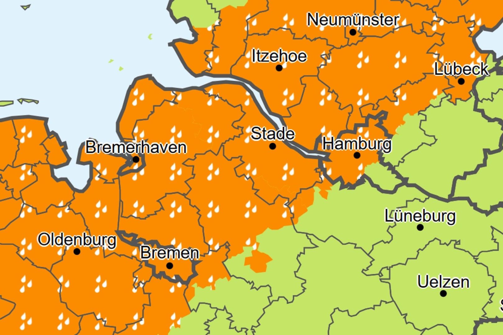 Warnkarte für Sonntag: Vom Nachmittag bis zum Abend sollen große Regenmengen fallen.