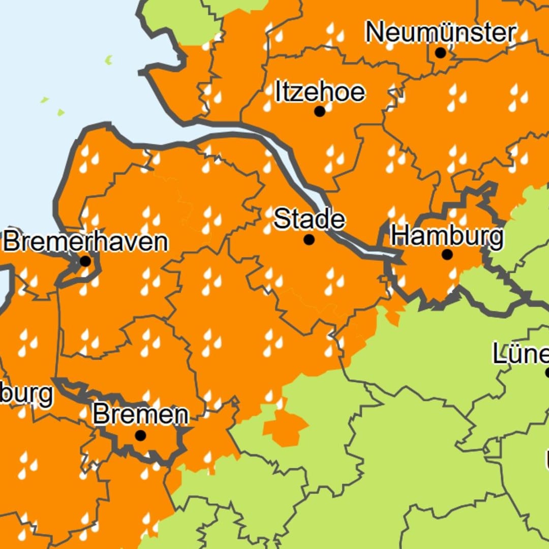 Warnkarte für Sonntag: Vom Nachmittag bis zum Abend sollen große Regenmengen fallen.
