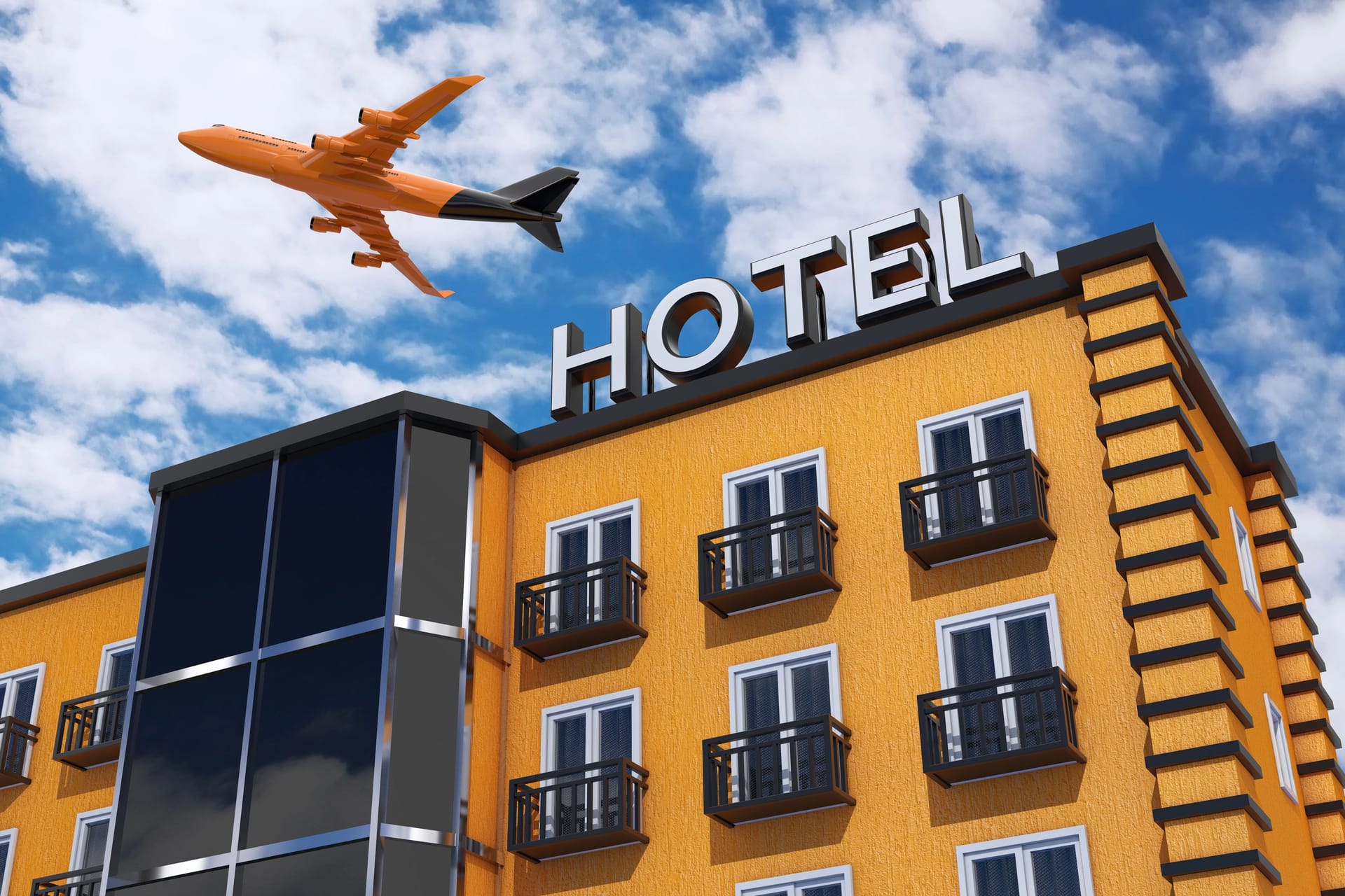 Ein Flugzeug steigt über einem Flughafenhotel in die Luft (Symbolbild): Viele Airport-Hotels sind besser als gedacht.