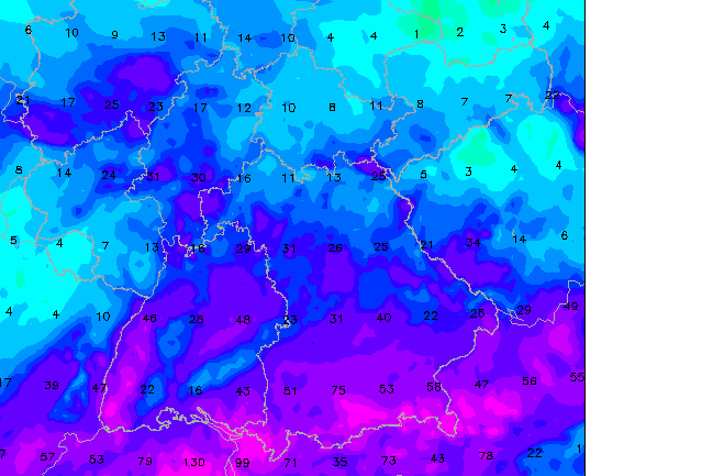 Prognosekarte des Wettermodells Icon: Im Süden wird es besonders nass.