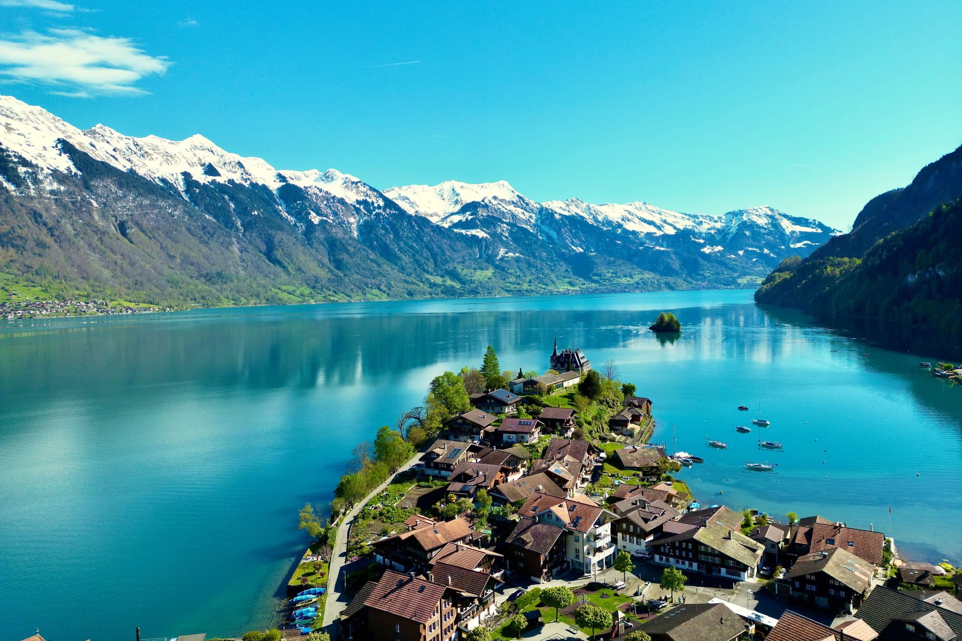 Aerial view of Iseltwald in Brienz Lake, Switzerland