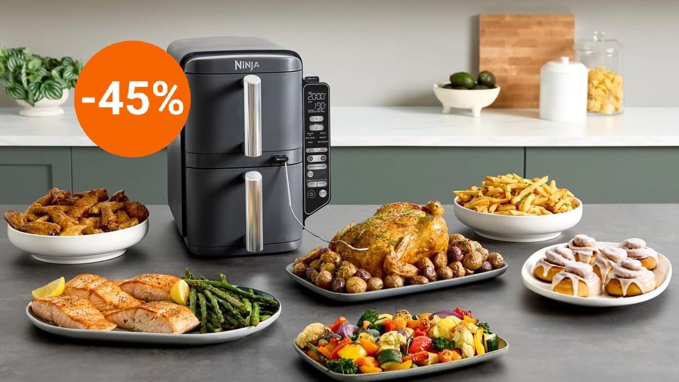 Airfryer günstig wie nie: Für kleine Küchen ist die Double-Stack-Heißluftfritteuse von Ninja mit ihren übereinanderliegenden Kammern die ideale Wahl.