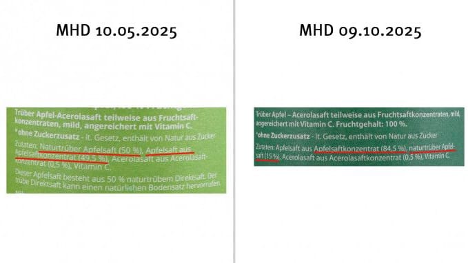 Die Zutatenliste im Vergleich: Der Konzentratgehalt ist erheblich gestiegen.