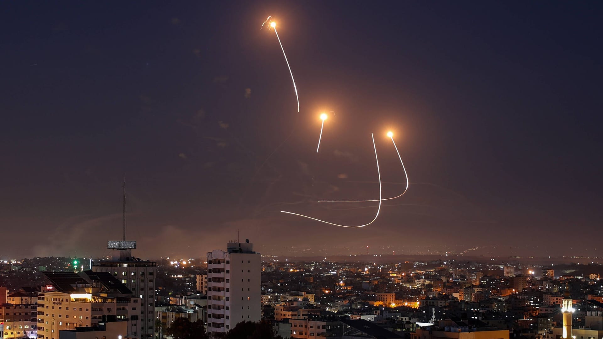 Israel s Iron Dome air defence system intercepts rockets launched from Gaza City Israel s Iron Dome air defence system intercepts rockets launched from Gaza City, on May 10, 2023. Israel s army and Gaza militants traded heavy cross-border fire on May 10, with 21 Palestinians killed over two days amid the worst escalation of violence to hit the coastal territory in months. Photo by Atia Darwish apaimages Gaza city Gaza Strip Palestinian Territory