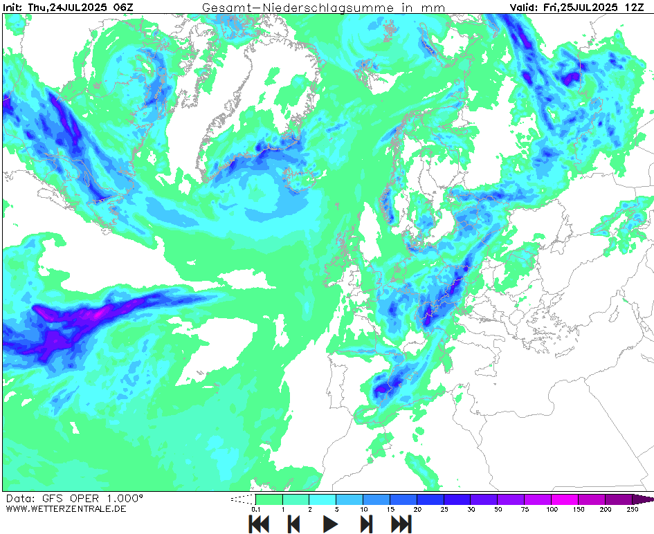 Wetter in Europa: Eine Niederschlagsprognose für Freitag, den 25. Juli nach einem Lauf des GFS-Wettermodells.