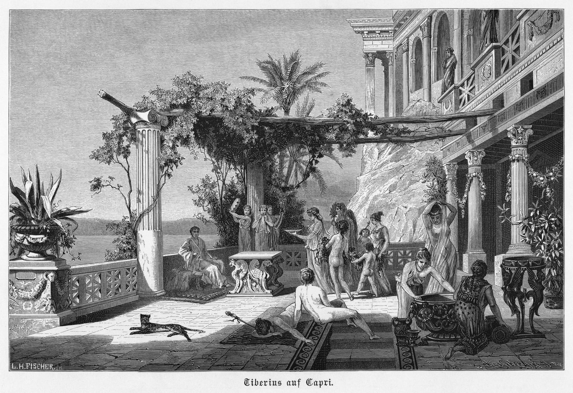 Vom Jahr 42 v. Chr. bis zu seinem Tod 37 n. Chr. residiert auf Capri: Der Stich zeigt den römischen Kaiser auf der Terrasse seiner Villa.