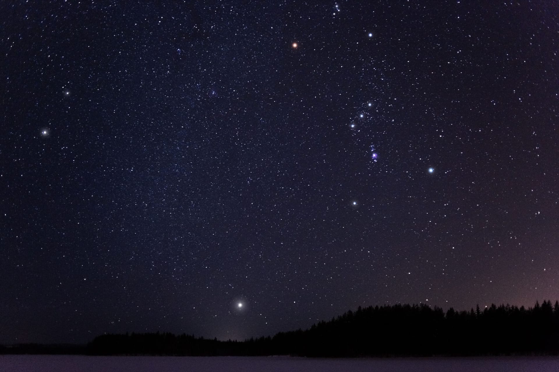 Sternbild des Orion am Himmel: Beteigeuze, ein Schulterstern des Sternbilds, ist einer der hellsten Sterne am Nachthimmel.