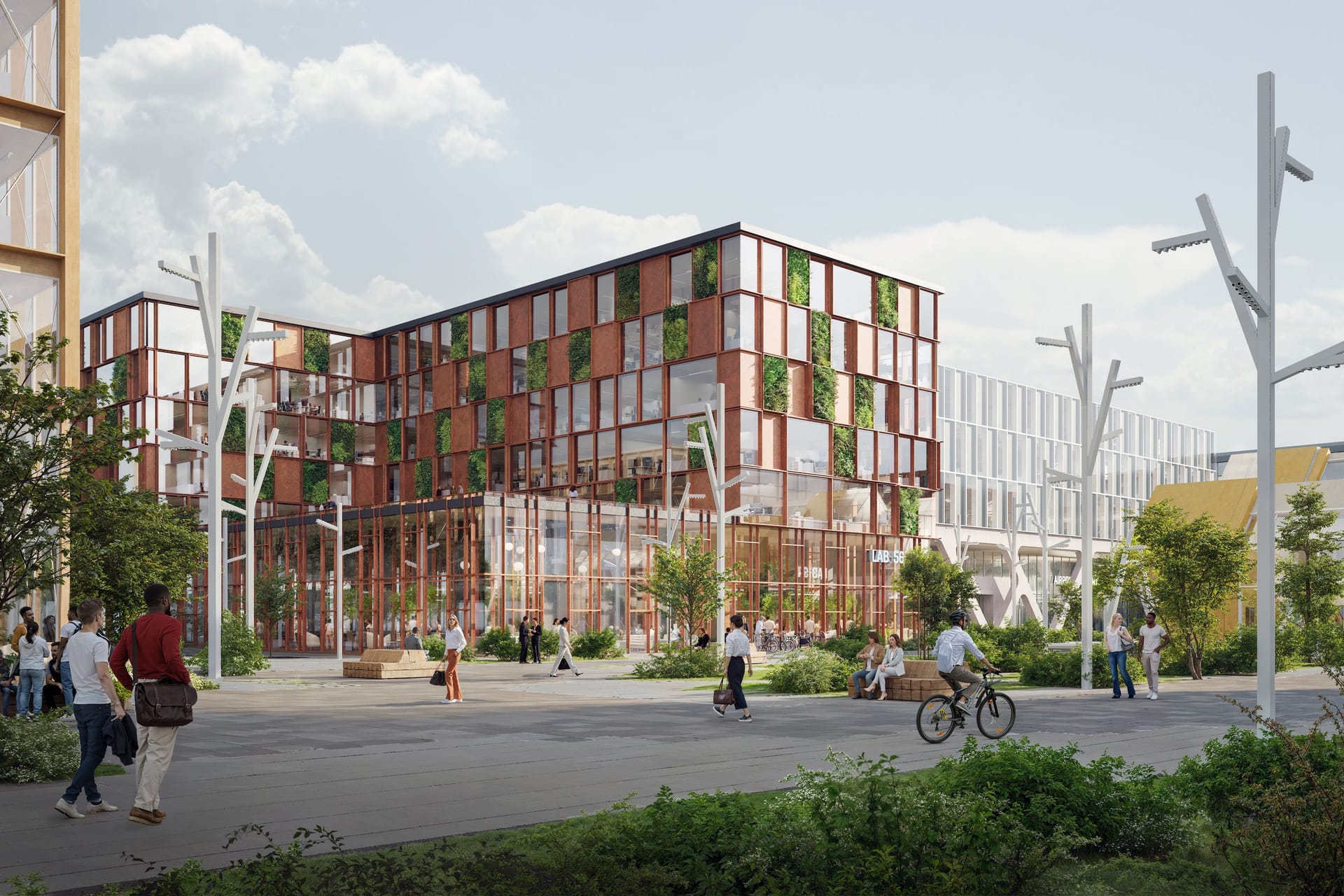 Rendering des künftigen Pioneer Quarters am LabCampus in München: Moderne Architektur mit begrünten Fassaden und Begegnungszonen.