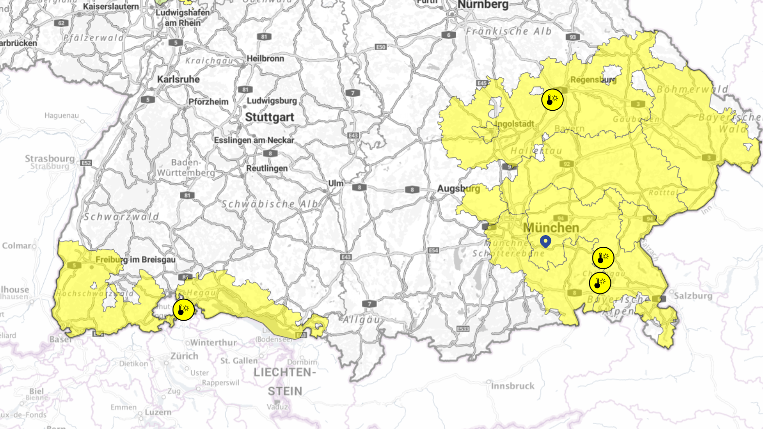 Warnkarte des DWD für den Samstag: Von 11 bis 19 Uhr wird "starke Wärmebelastung" erwartet.