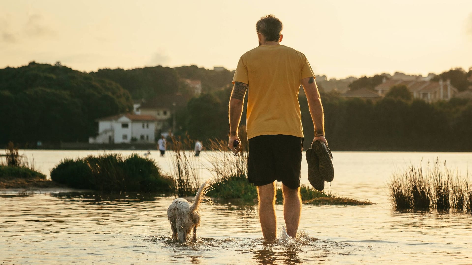 Mann mit Hund an einem Fluss (Symbolfoto): Die Münchner Polizei sucht einen tatverdächtigen Hundebesitzer.