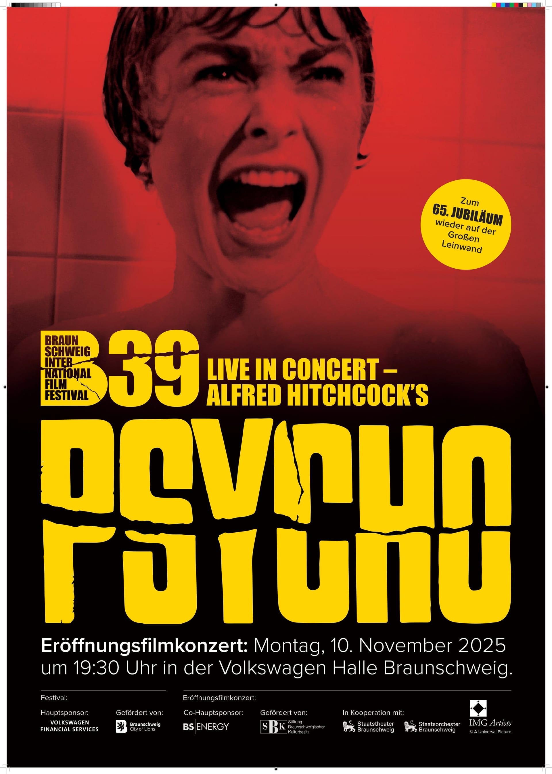 Plakat zum 39. Braunschweig International Film Festival: Eröffnet wird es "Psycho" – dem Klassiker von Alfred Hitchcock.