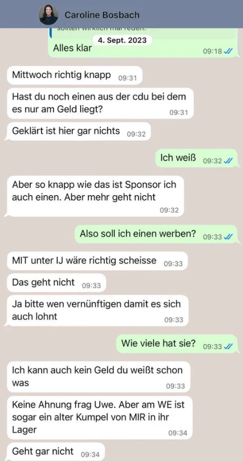 Caroline Bosbach bangte um ihre Wahl: Der nachgebaute Chat vom 4. September 2023, das Original liegt t-online vor. Caroline Bosbach behauptet ohne Belege, er sei manipuliert.
