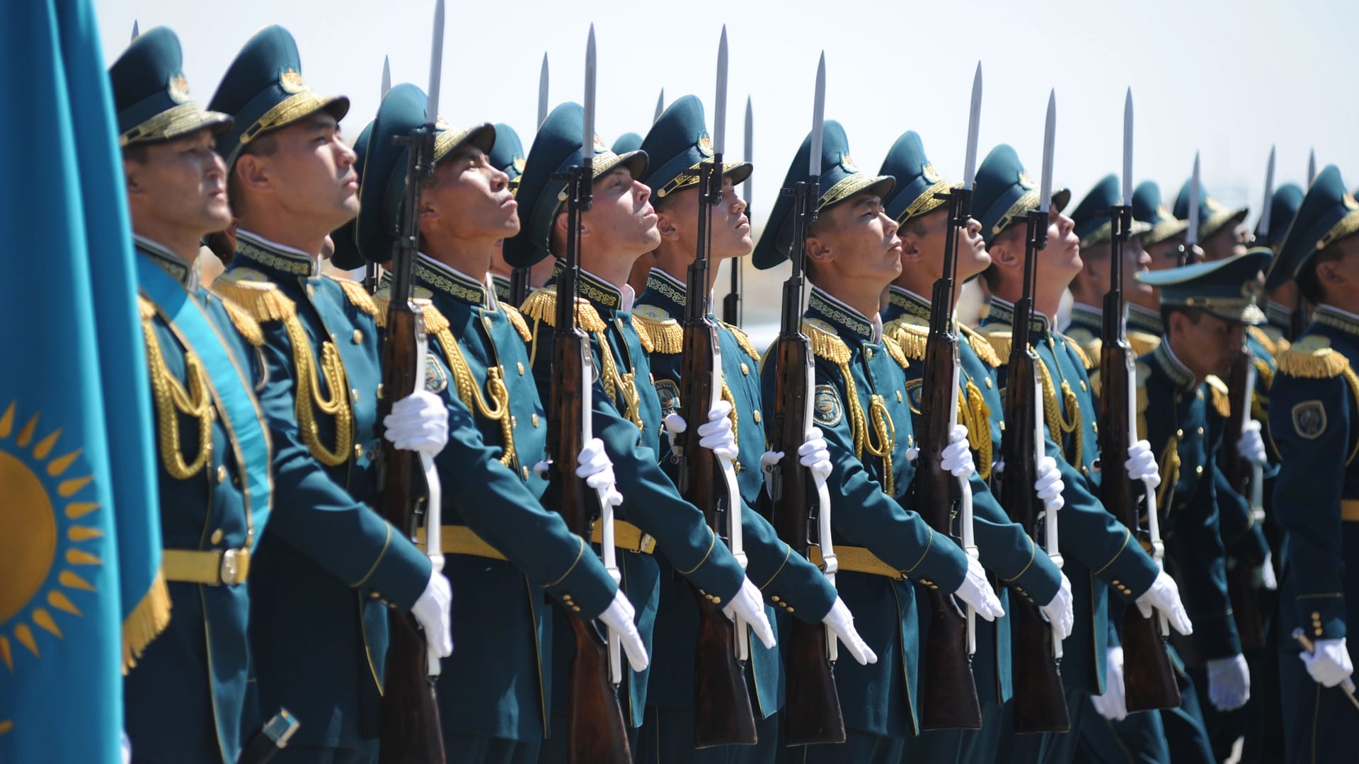 Almaty, Kazakhstan - 08.02.2016 : The military of the Kazakh army in full dress uniform stand in a row on the square.