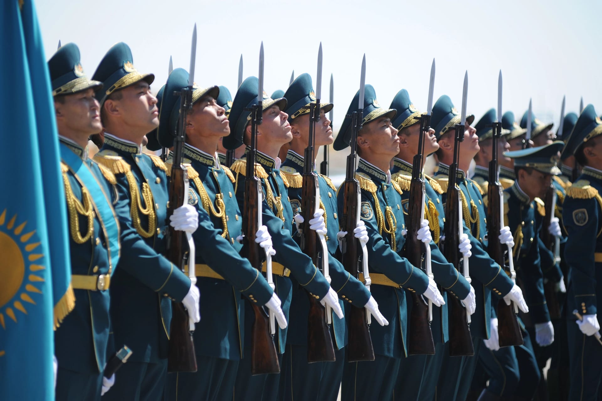 Almaty, Kazakhstan - 08.02.2016 : The military of the Kazakh army in full dress uniform stand in a row on the square.