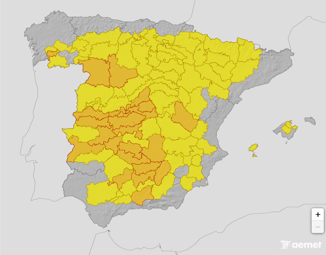 Wetter in Europa: Die amtlichen Hitzewarnungen in Spanien. In vielen Regionen gilt die zweithöchste Warnstufe.