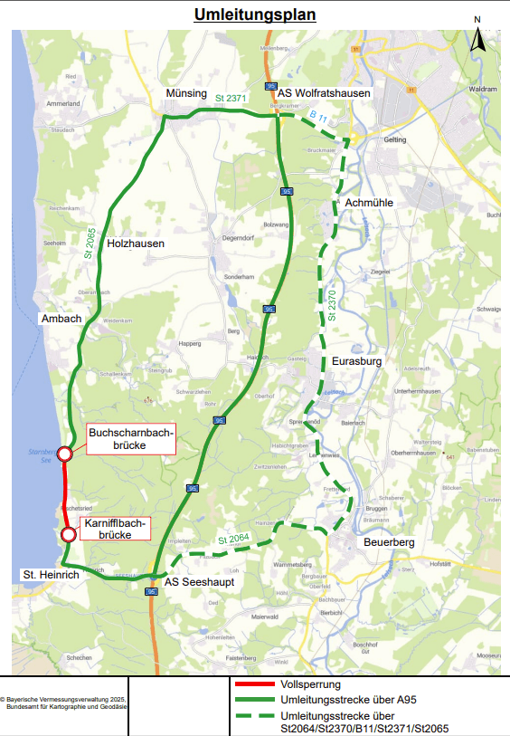 Das Bauamt hat eine Karte veröffentlicht, auf der zu erkennen ist, welche Folgen die Sperrung für den Verkehr am Starnberger See hat.