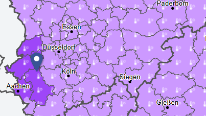 Die Unwetterwarnkarte des Deutschen Wetterdienstes (DWD): Am Mittwoch gilt in ganz Nordrhein-Westfalen eine Hitzewarnung, in Teilen sogar die höchste Warnstufe vor extremer Hitze.