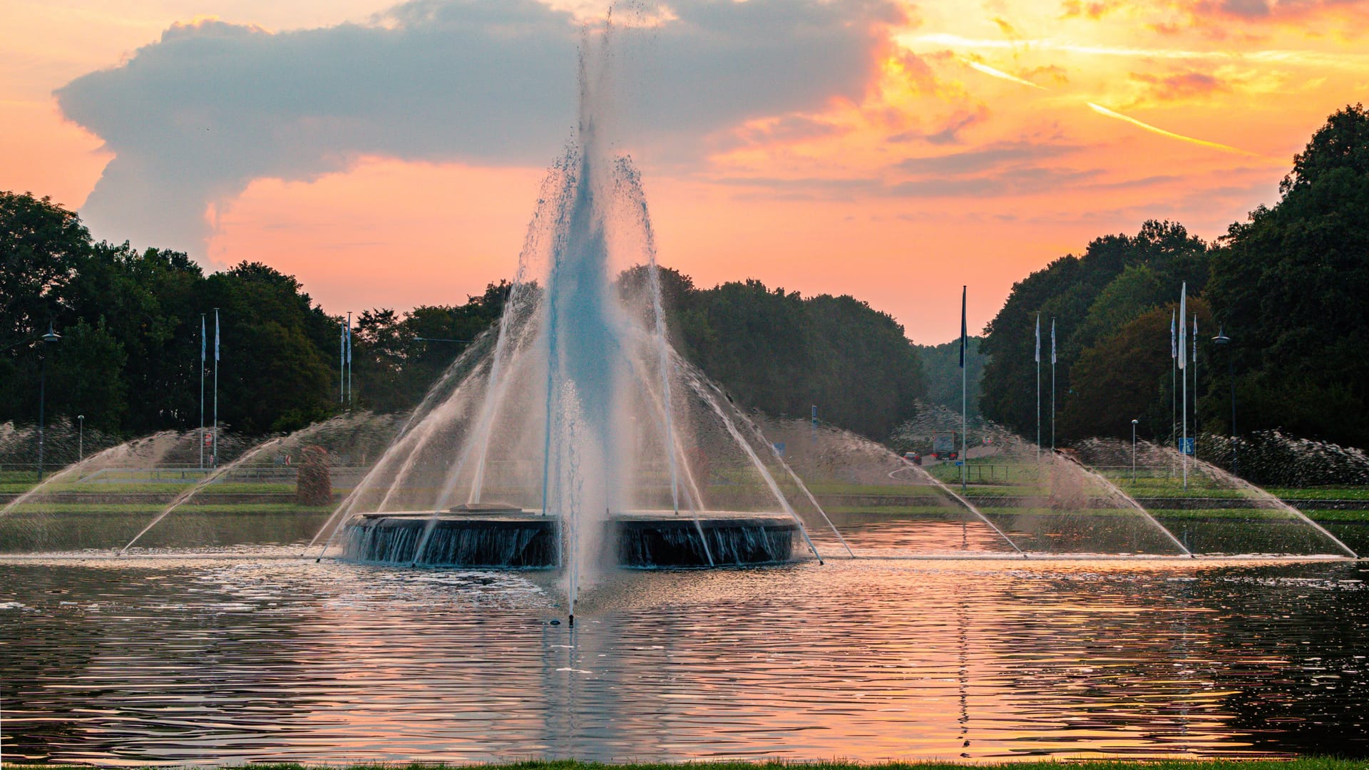 Fountain at Europapatz in Aachen in the dawn