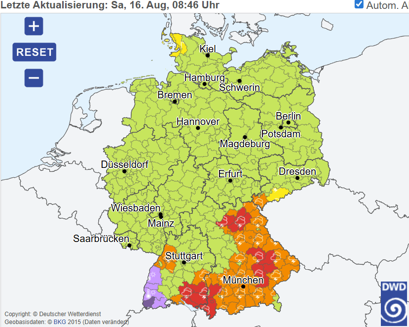 Die Warnkarte des DWD für Samstag, den 16. August. Das Wetter in Deutschland wird von Gewittern bestimmt. Die Warnkarte des DWD für Samstag, den 16. August. Das Wetter in Deutschland wird von Gewittern bestimmt.