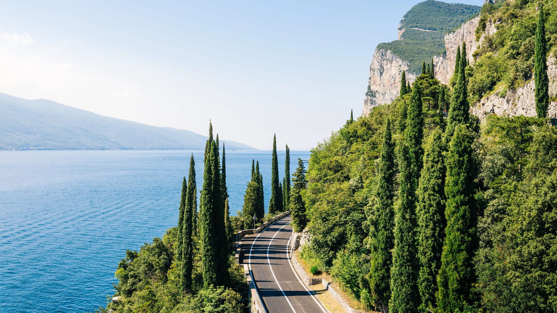 Della Forra road over blue lake Garda, Lombardy, Northern Italy