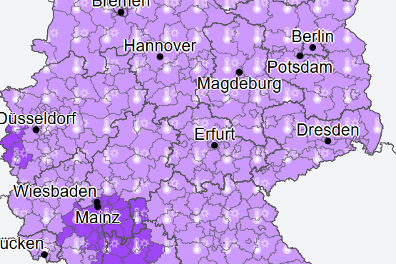 Die Warnkarte des Deutschen Wetterdienstes (Stand 14.50 Uhr): Im Rhain-Main-Gebiet, im Westen von NRW sowie in Teilen Baden-Württembergs herrscht extreme Hitze.