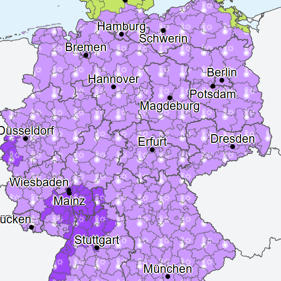 Die Warnkarte des Deutschen Wetterdienstes (Stand 14.50 Uhr): Im Rhain-Main-Gebiet, im Westen von NRW sowie in Teilen Baden-Württembergs herrscht extreme Hitze.