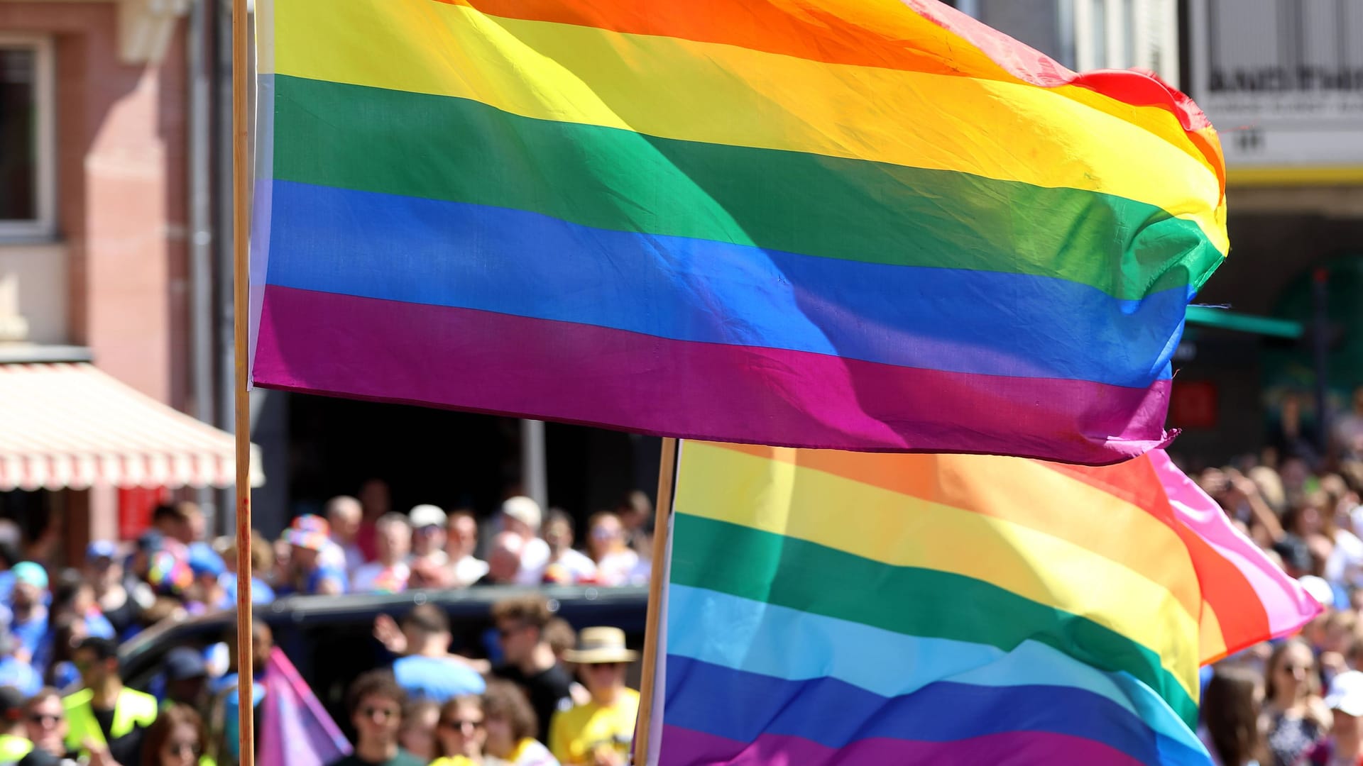 Menschen halten Pride-Flaggen auf einem CSD hoch (Symbolbild): Die Braunschweiger Parade verlief am Samstag weitgehend friedlich. Menschen halten Pride-Flaggen auf einem CSD hoch (Symbolbild): Die Braunschweiger Parade verlief am Samstag weitgehend friedlich.