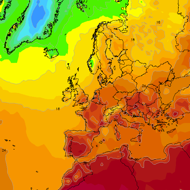 Wetter in Deutschland: Eine Prognose des GFS-Wettermodells für den 11. August. Demnach sind Temperaturen bis 30 Grad möglich.