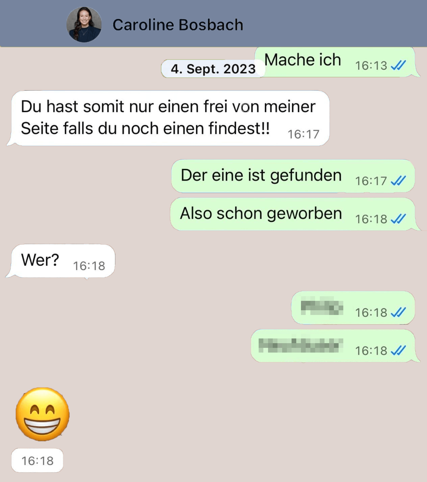 Nachgebauter WhatsApp-Chat von Caroline Bosbach vom 4. September 2023.