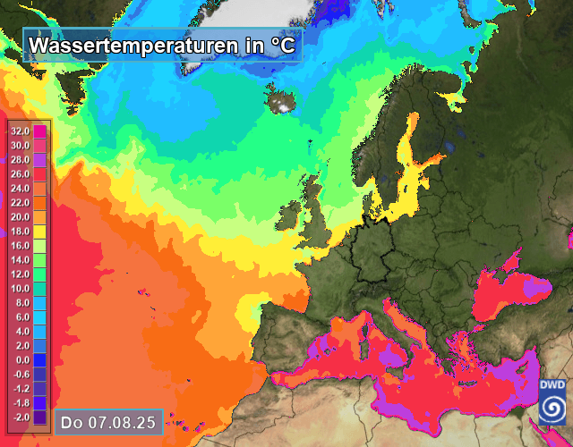 Aktuelle Wassertemperatur im Mittelmeerraum.