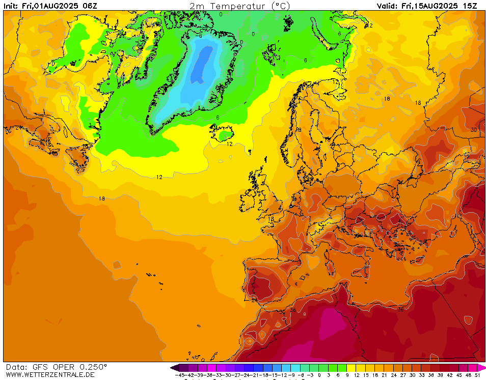 Wetter in Deutschland: Eine Prognose des GFS-Wettermodells für den 15. August. Demnach sind Temperaturen bis 30 Grad möglich.