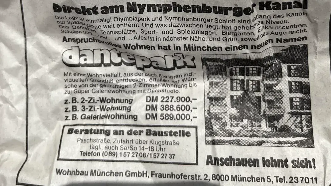 Wohnungsanzeige aus dem Jahr 1984: Im "Dantepark" am Nymphenburger Kanal wurden Zwei- bis Galeriewohnungen ab rund 228.000 D-Mark angeboten.