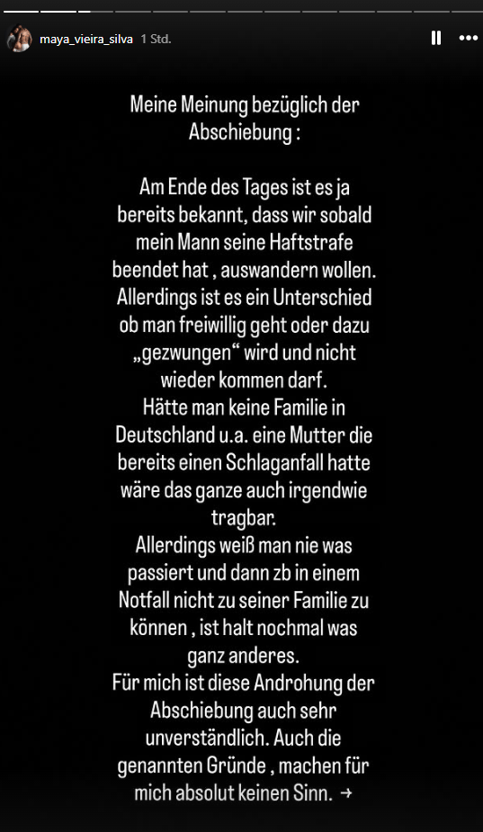 Maya Vieira Silva äußert sich in ihrer Instagram-Story zur drohenden Abschiebung.