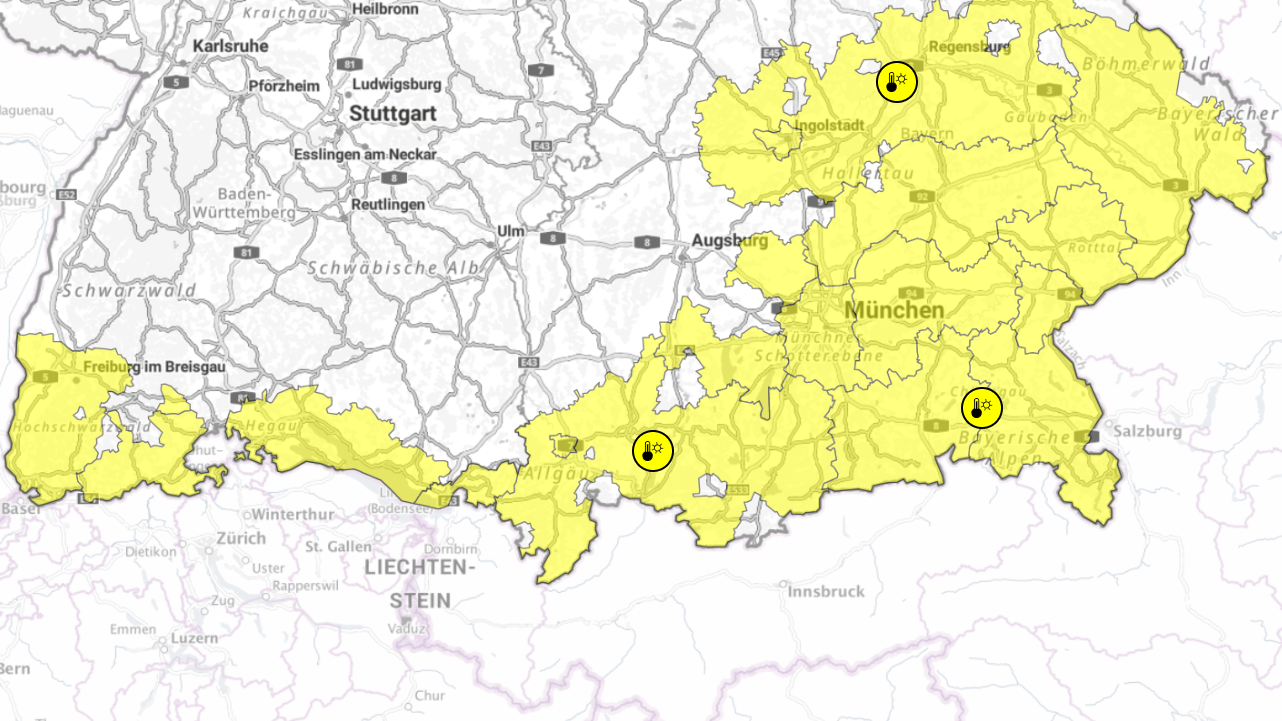Warnkarte des DWD für den Samstag: Von 11 bis 19 Uhr wird "starke Wärmebelastung" erwartet.