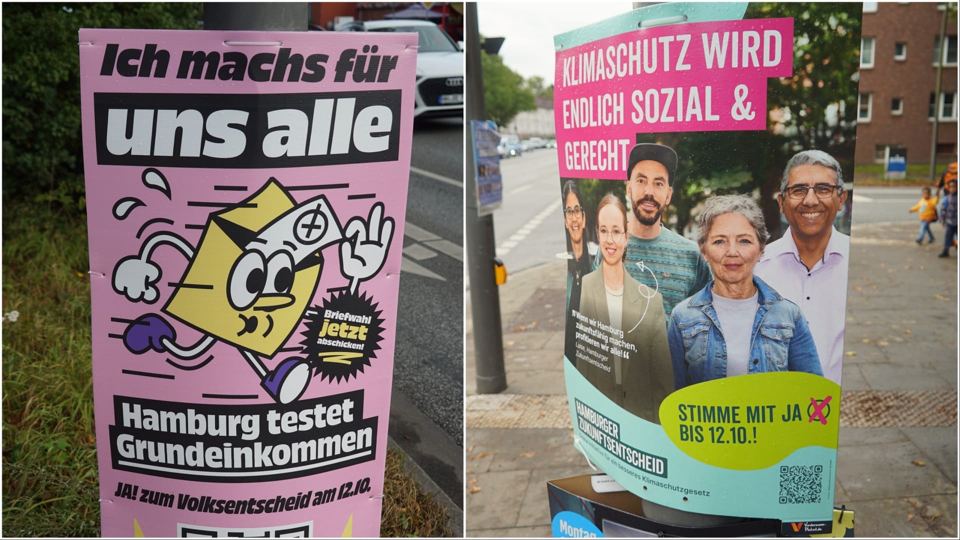 Die jeweiligen Plakate der Volksentscheide auf Hamburger Straßen: Am 12. Oktober sind Hamburger aufgerufen, über Klimapolitik und Grundeinkommen zu entscheiden.