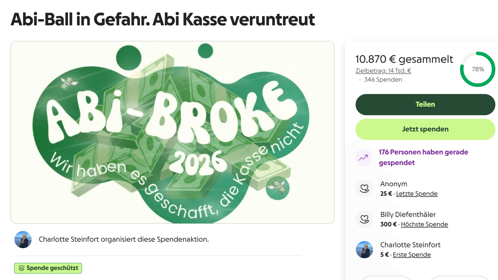 Die Spendenseite auf der Plattform "GoFundMe" (Stand 24. September, 15.20 Uhr): Über 10.000 Euro sind bereits zusammengekommen. Die Spendenseite auf der Plattform "GoFundMe" (Stand 24. September, 15.20 Uhr): Über 10.000 Euro sind bereits zusammengekommen.