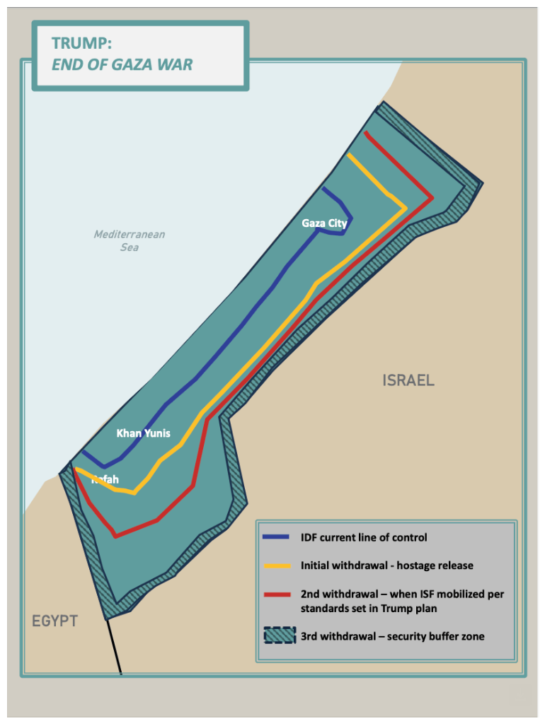 Trumps Friedensplan: Das israelische Militär ist aktuell bis zur blauen Linie in den Gazastreifen vorgerückt. Wenn die Hamas alle Geiseln freilässt, sollen sich die Truppen bis zur gelben Linie zurückziehen. Sobald die Friedenstruppen mobilisiert werden, soll das israelische Militär bis zur roten Linie ziehen und abschließend eine Sicherheitszone einrichten. Trumps Friedensplan: Das israelische Militär ist aktuell bis zur blauen Linie in den Gazastreifen vorgerückt. Wenn die Hamas alle Geiseln freilässt, sollen sich die Truppen bis zur gelben Linie zurückziehen. Sobald die Friedenstruppen mobilisiert werden, soll das israelische Militär bis zur roten Linie ziehen und abschließend eine Sicherheitszone einrichten.