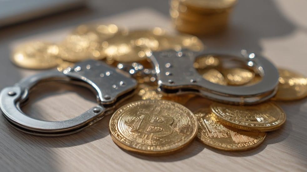 Bitcoin-Münzen und Handschellen liegen auf dem Tisch der Steuerfahnder